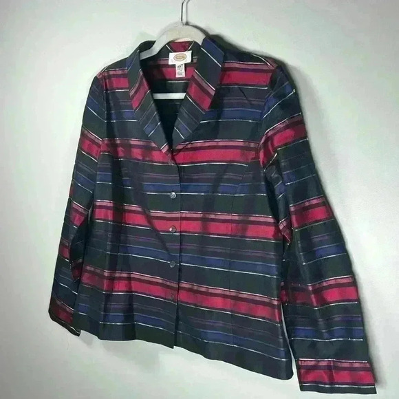 Talbots Silk Red Blue Black Metallic Striped Blazer Jacket Women’s Size 14 - Picture 3 of 12